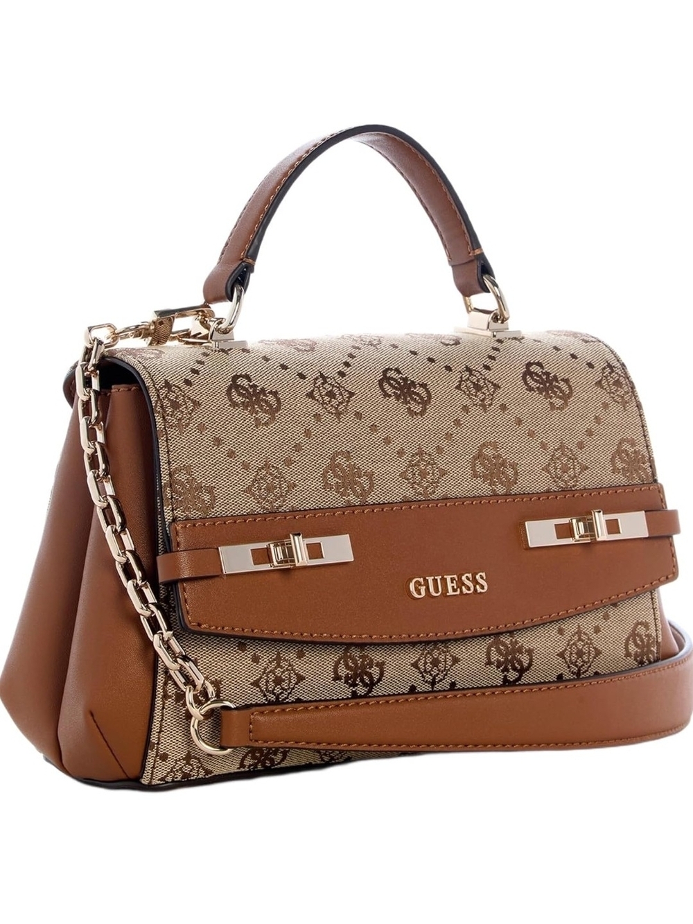 GUESS Tan/Brown Logo-Print Top Handle Satchel